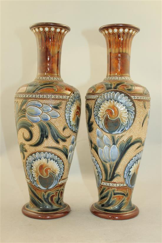 A pair of Doulton Lambeth stoneware baluster vases, by Eliza Simmance, c.1900, 32cm